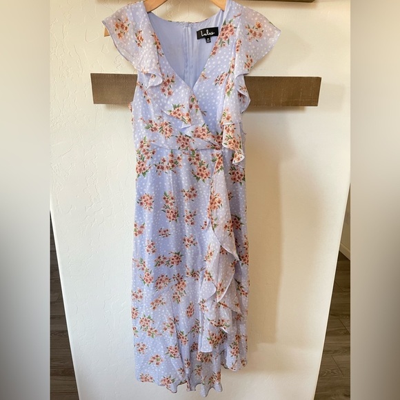 Lulu’s|Cairo Periwinkle Floral Print Ruffled Midi Dress,Polka Dot•Super Cute🫶🏻 - Picture 5 of 16